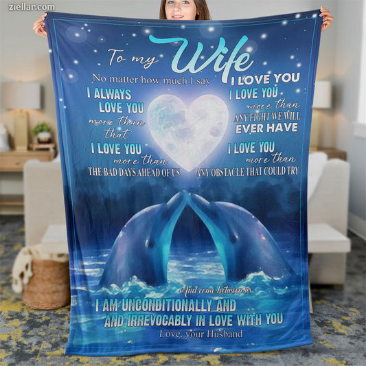 To My Wife Quilt Blanket, Fleece Blanket with Dolphins, Moon and Love Confession