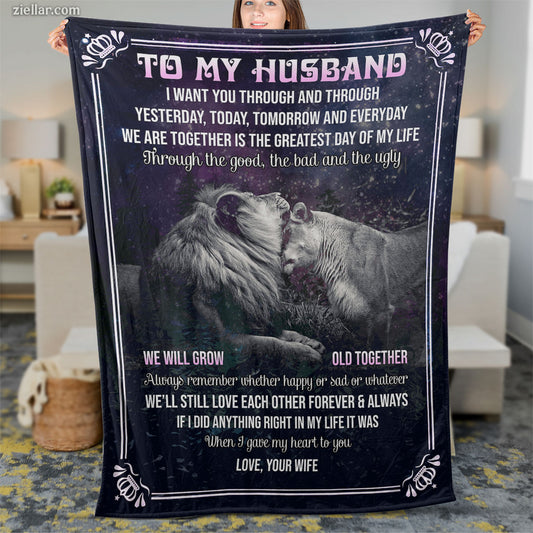 To My Husband Quilt Blanket, Fleece Blanket with Lions, Wedding Vows and Deep Message