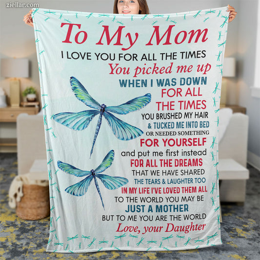 To My Mom Quilt Blanket, Fleece Blanket Gift with Dragonflies and Encouraging Words
