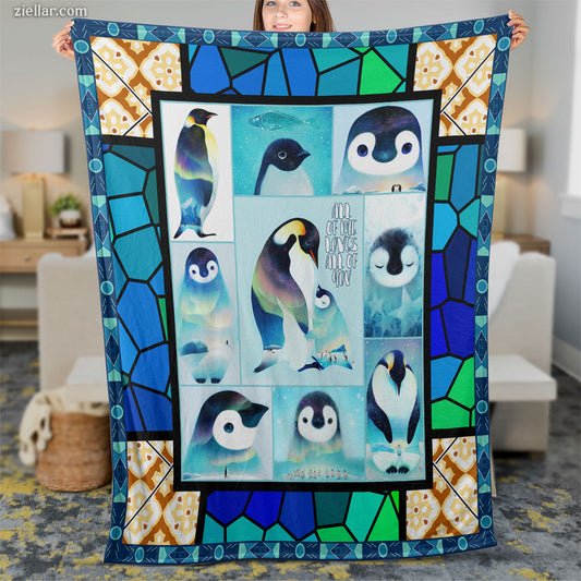 Penguin Love Quilt Blanket, Fleece Blanket with Stained Glass Style and Arctic Penguins
