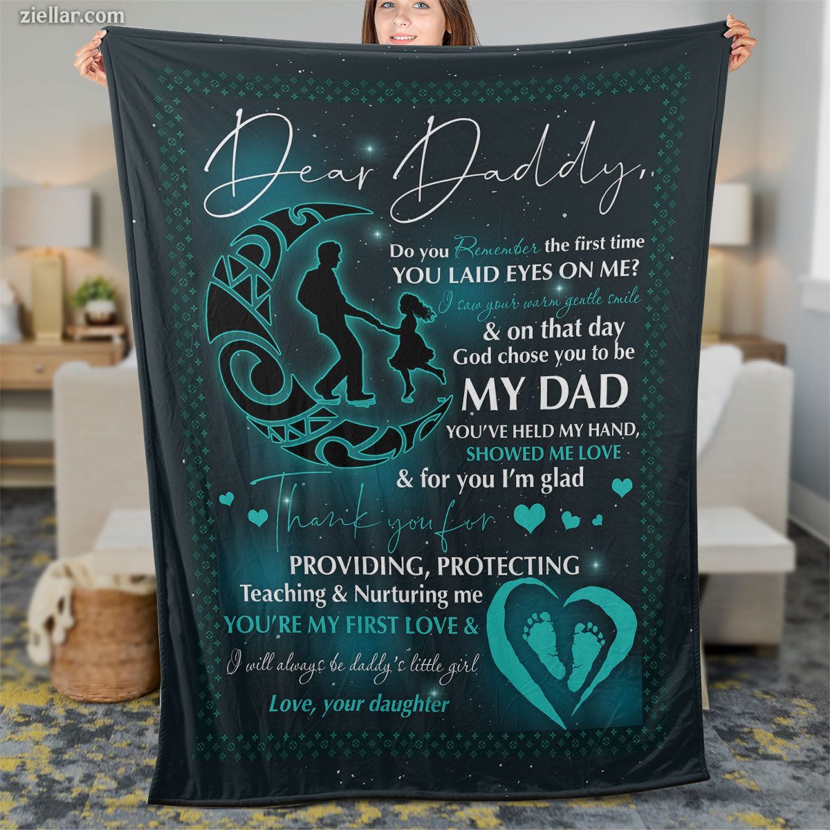 To My Dad Quilt Blanket, Fleece Blanket with Message from Daughter and Blue Heart Design