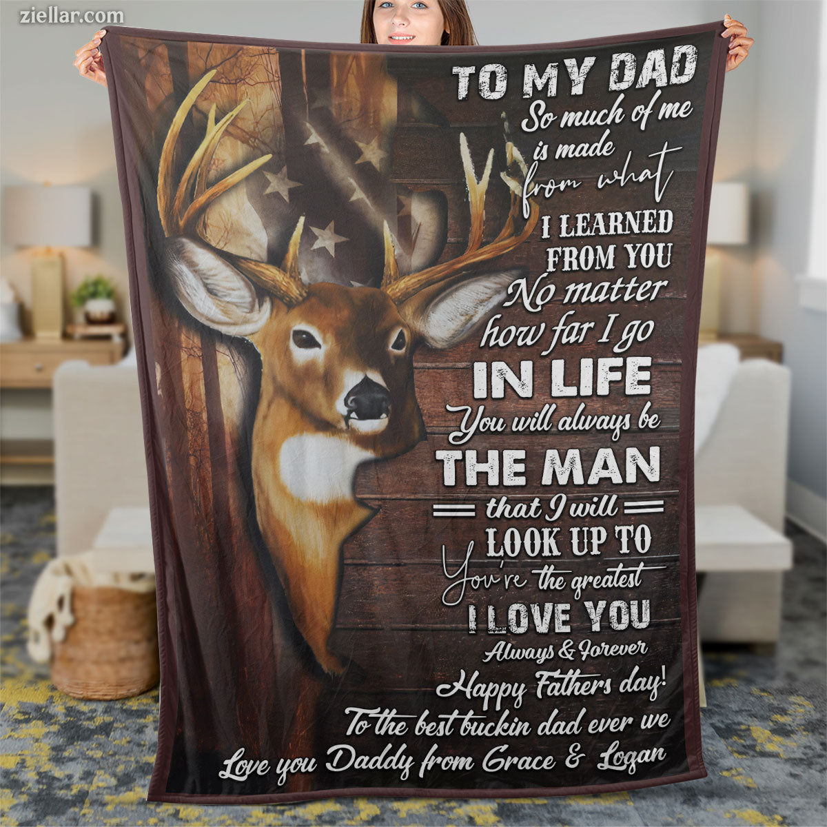 To My Dad Quilt Blanket, Fleece Blanket Gift with Deer Illustration and Wooden Background