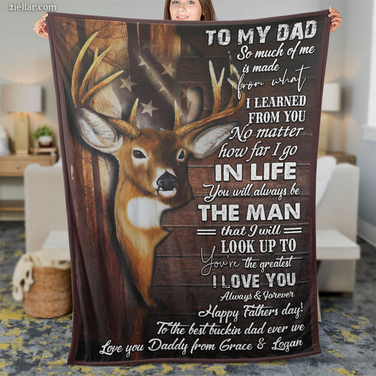 To My Dad Quilt Blanket, Fleece Blanket Gift with Deer Illustration and Wooden Background