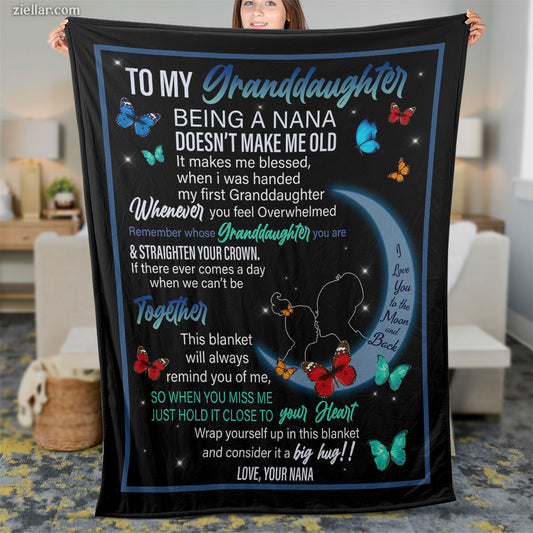 To My Granddaughter Quilt Blanket, Fleece Blanket with Moon, Butterflies and Love from Nana