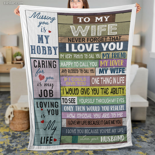 To My Wife Quilt Blanket, Fleece Blanket with Striped Typography of Husband's Loving Words