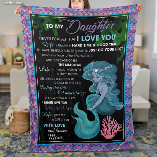 To My Daughter Quilt Blanket, Fleece Blanket with Mermaid and Inspirational Quote for Kids