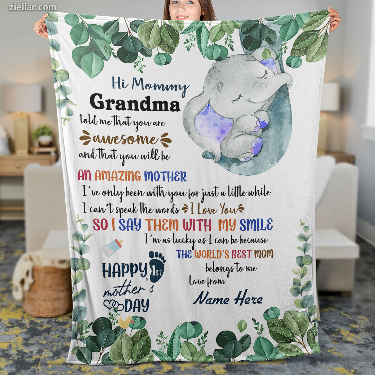 To My Mommy and Grandma Quilt Blanket, Fleece Blanket with Baby Elephant and Soft Colors