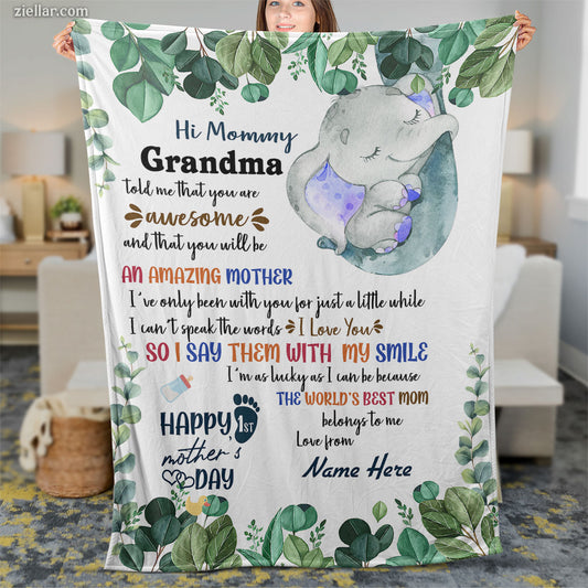 To My Mommy and Grandma Quilt Blanket, Fleece Blanket with Baby Elephant and Soft Colors
