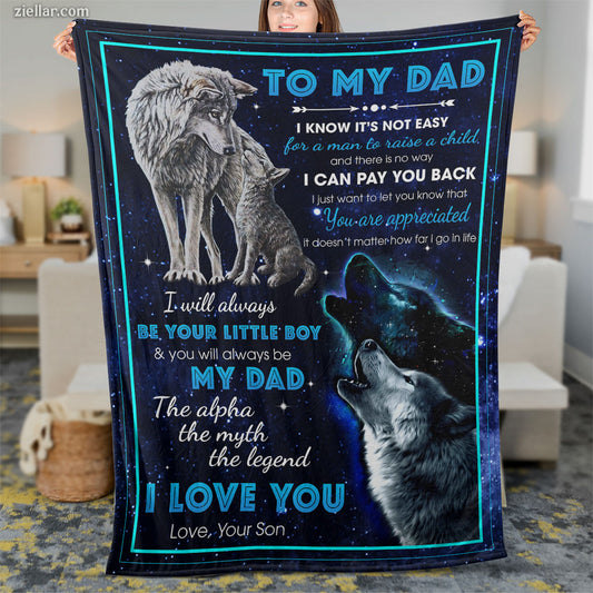 To My Dad Quilt Blanket, Fleece Blanket Gift from Son with Wolves and Blue Northern Theme