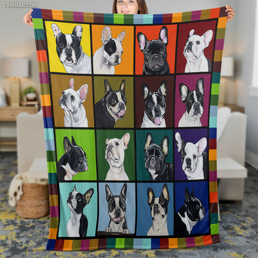 Dog Breed Pop Art Quilt Blanket, Fleece Blanket with Colorful French Bulldog Graphic Panels