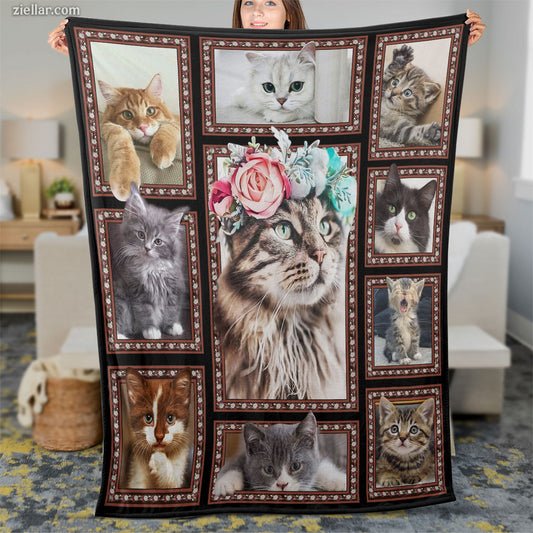 Cat Lover Collage Quilt Blanket, Fleece Blanket Gift with Cute Cats, Flowers, Personalized Name
