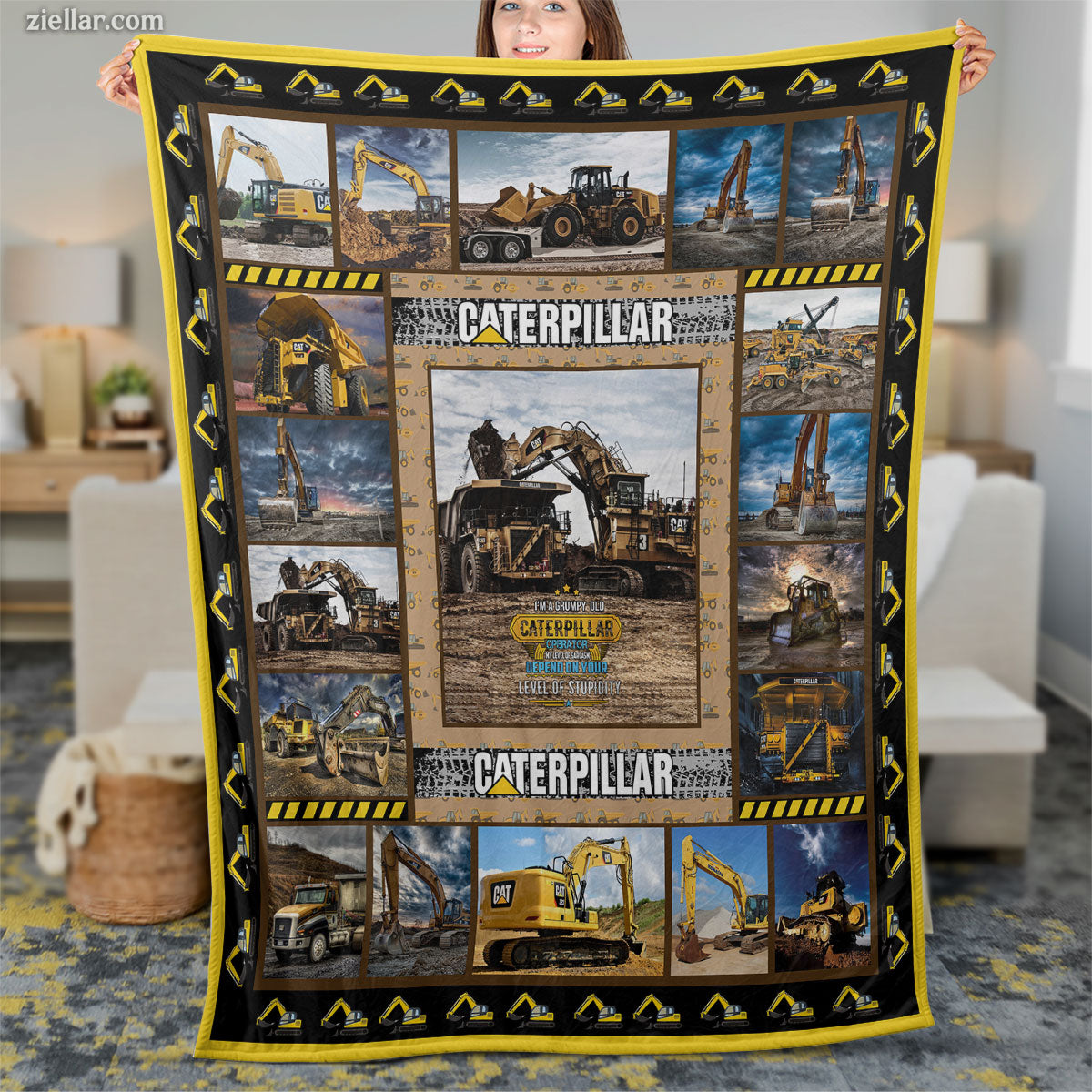 Caterpillar Truck Quilt Blanket, Fleece Blanket Gift for Truck Lovers, Personalized with Custom Name