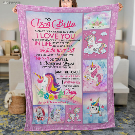To My Daughter Lisa Bella Quilt Blanket, Fleece Blanket with Unicorns and Hearts, Personalized Name