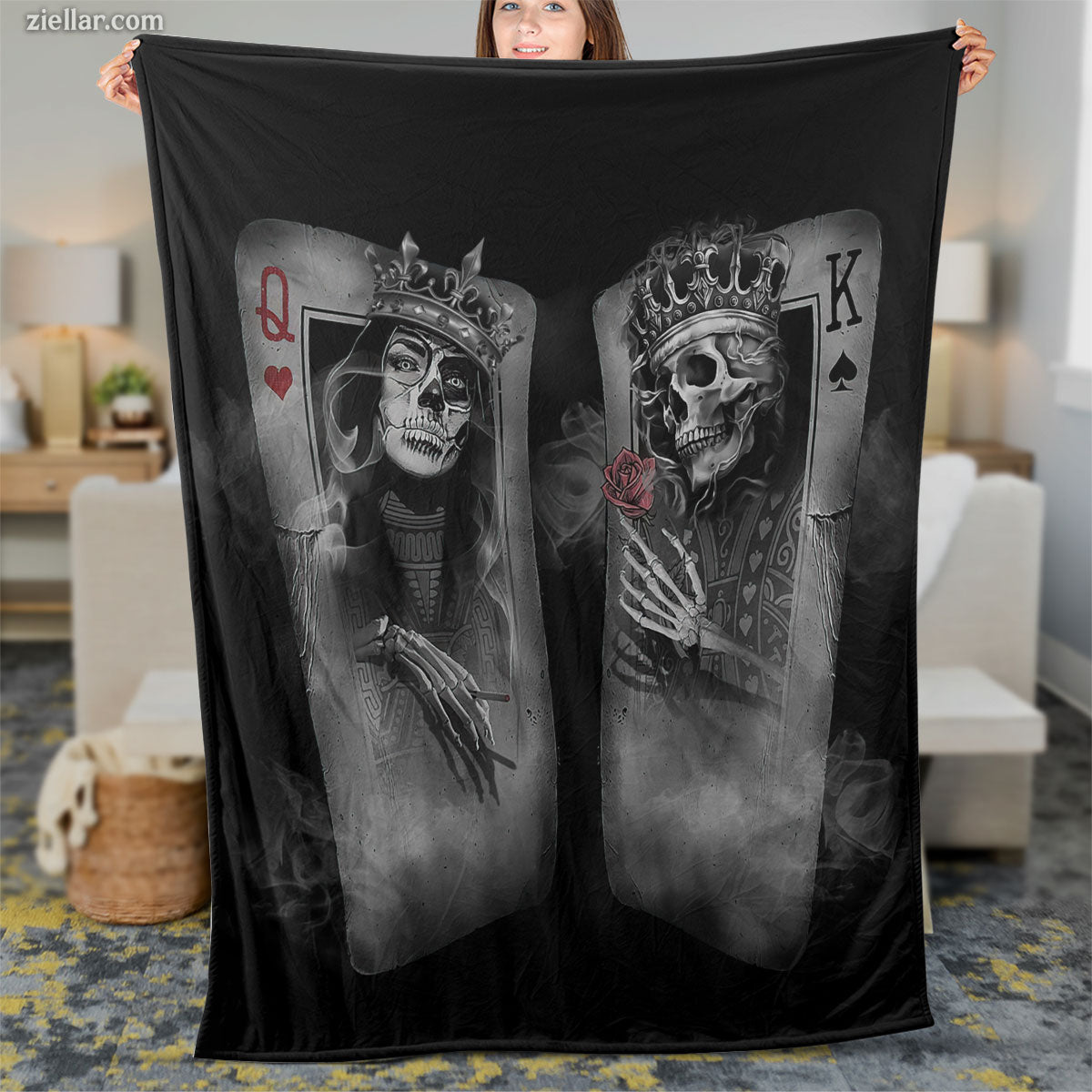 King and Queen Skull Quilt Blanket, Fleece Blanket Gift with Gothic Cards Art, Personalized Custom Name