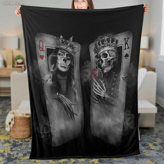 King and Queen Skull Quilt Blanket, Fleece Blanket Gift with Gothic Cards Art, Personalized Custom Name