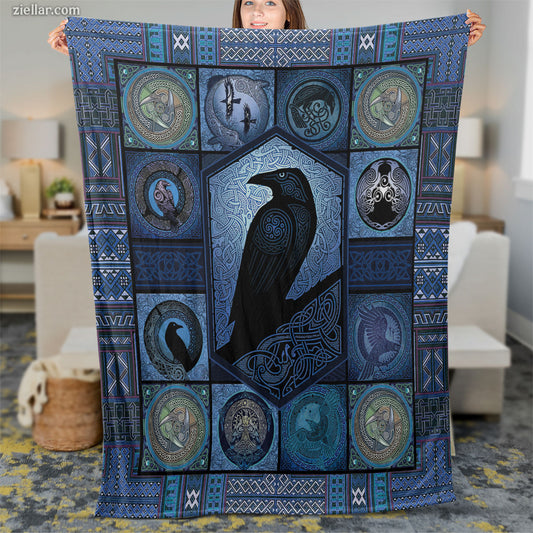 Raven Bird Blue Moon Quilt Blanket, Fleece Blanket with Crow Art and Gothic Style, Custom Name Option