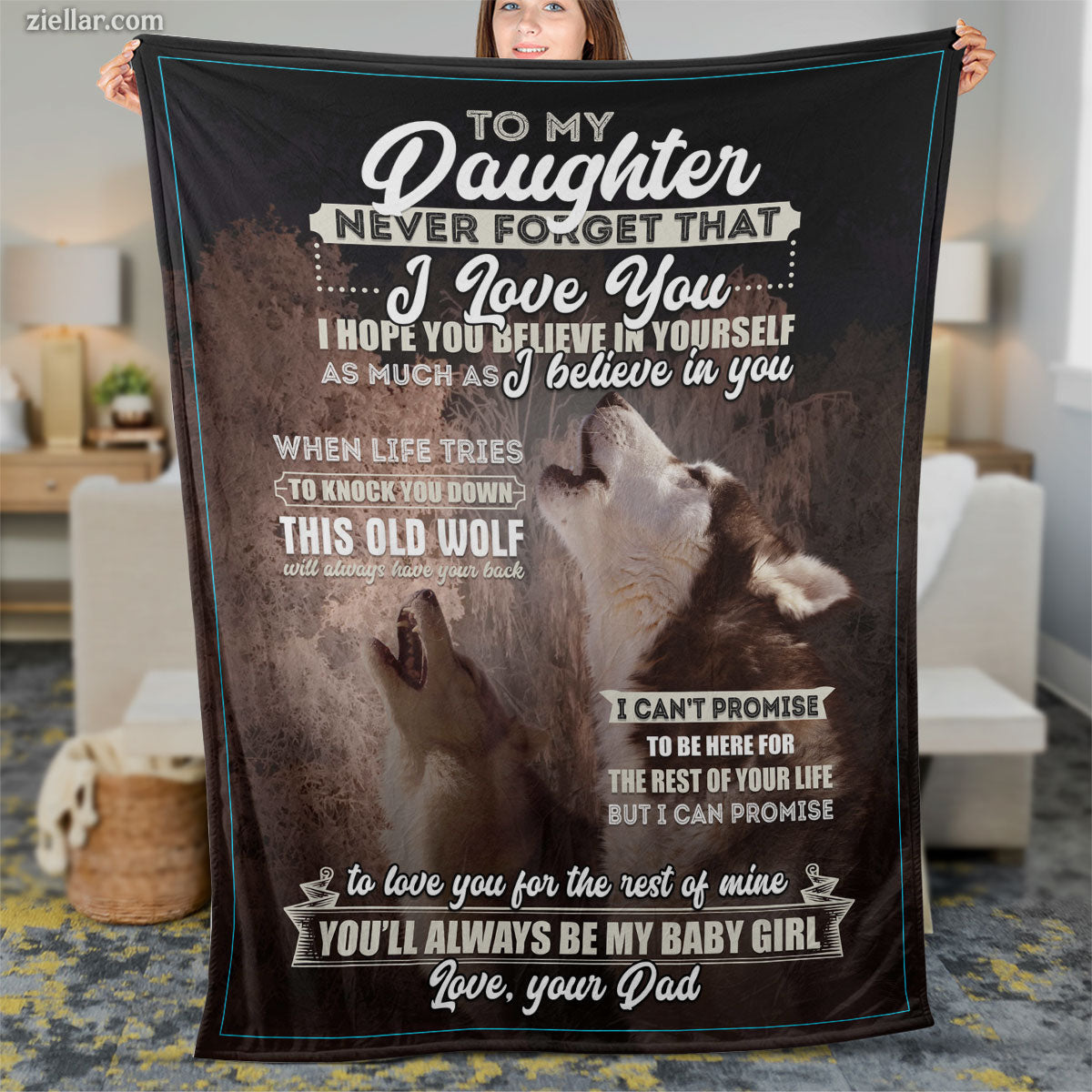 To My Daughter from Dad Quilt Blanket, Fleece Blanket Gift with Wolves and Love Letter, Custom Name