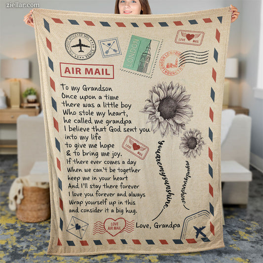 To My Grandson Air Mail Quilt Blanket, Fleece Blanket Gift from Grandma, Custom Name Personalized