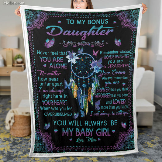 To My Bonus Daughter Quilt Blanket, Fleece Blanket Gift with Heart and Galaxy Art, Custom Name Option