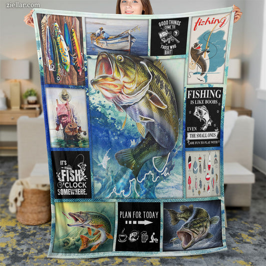 Fishing Lover Quilt Blanket, Fleece Blanket Gift for Fishermen with Fish and Lure Images, Custome Name