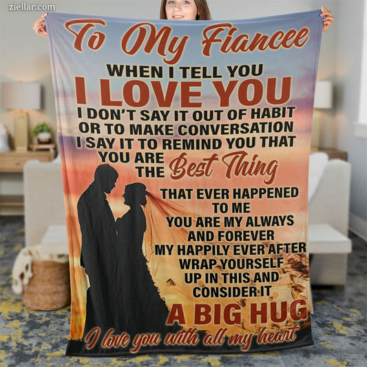 To My Fiancée Quilt Blanket, Fleece Blanket Gift for Her with Sunset Couple Scene, Custom Name Option
