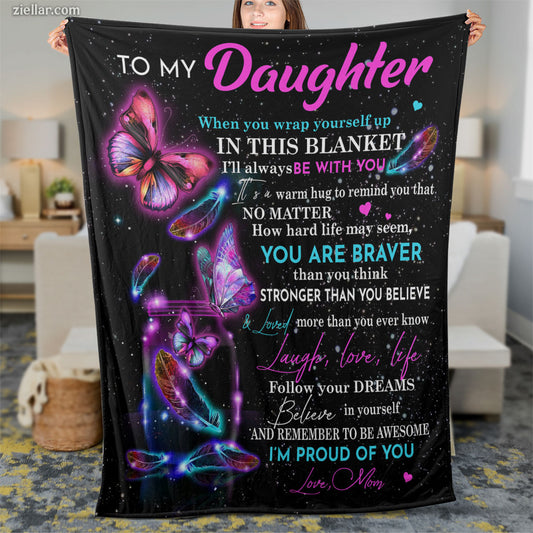 To My Daughter Quilt Blanket, Fleece Blanket Gift with Fireflies and Butterflies, Custome Name Option