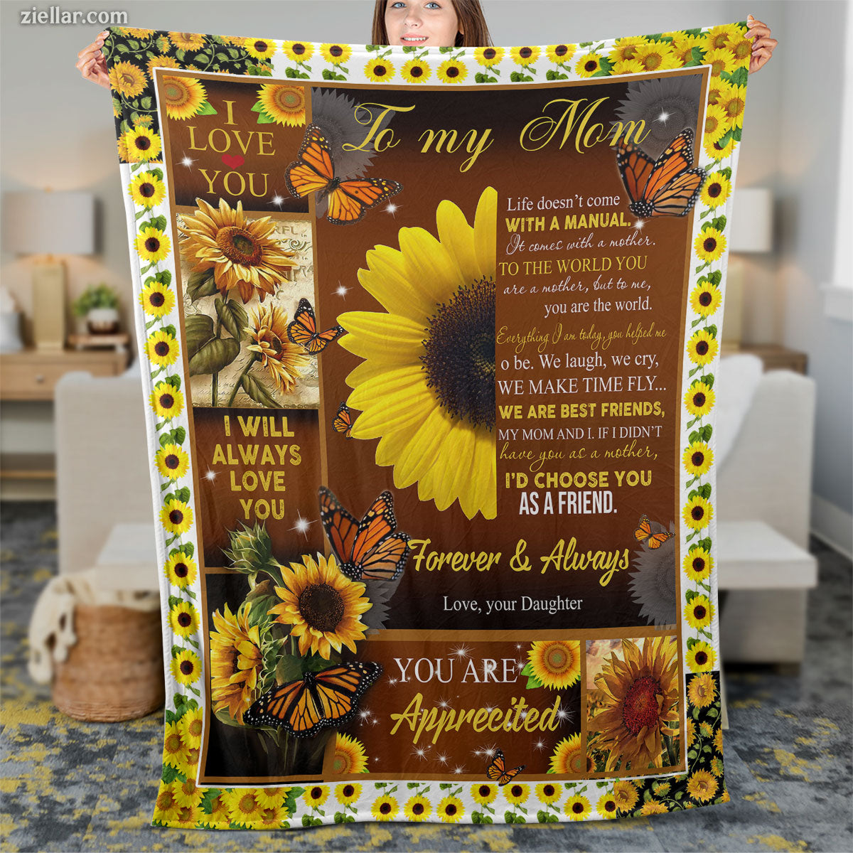 To My Mom Quilt Blanket, Fleece Blanket Gift with Sunflowers and Loving Quote, Personalized Custom Name