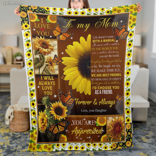 To My Mom Quilt Blanket, Fleece Blanket Gift with Sunflowers and Loving Quote, Personalized Custom Name