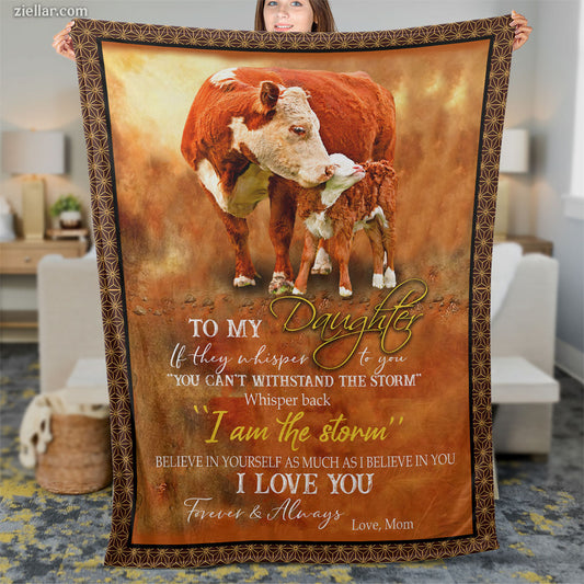 To My Daughter Quilt Blanket, Fleece Blanket Gift with Cow and Love Message, Custome Name Personalized