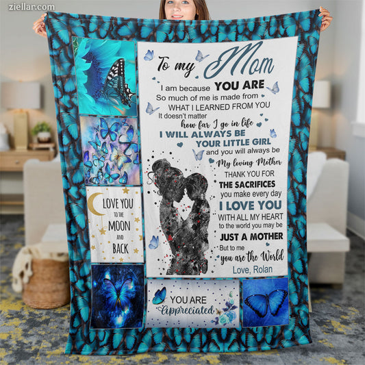 To My Mom Quilt Blanket, Fleece Blanket Gift with Blue Butterfly and Stars, Personalized Name Option