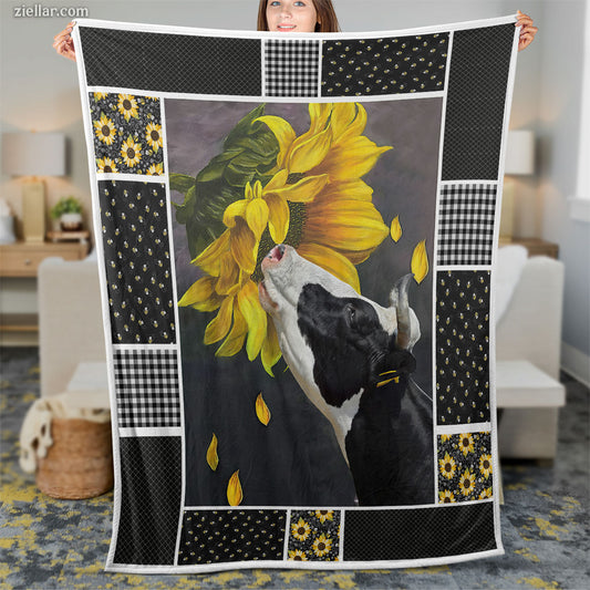 Sunflower Dog Art Quilt Blanket, Fleece Blanket Gift with Black Dog and Flower, Personalized Custom Name