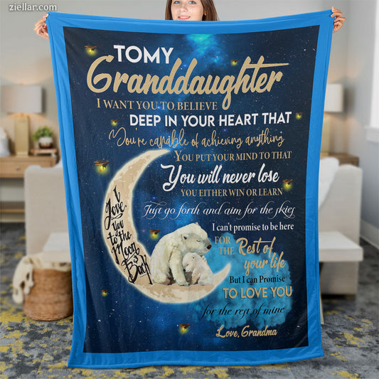 To My Granddaughter Quilt Blanket, Fleece Blanket Gift with Bears and Galaxy Sky, Custome Name Option