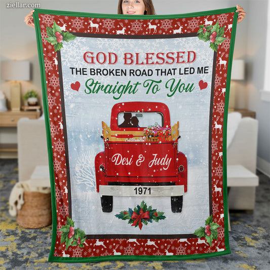 God Blessed The Broken Road Quilt Blanket, Fleece Blanket Gift for Couples, Custome Name Option