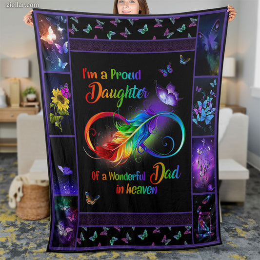 Proud Daughter of Dad in Heaven Quilt Blanket, Fleece Blanket Gift, Personalized Name Included