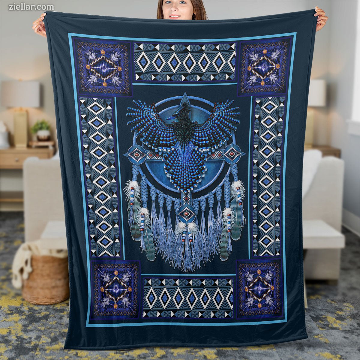 Blue Eagle Spirit Quilt Blanket, Fleece Blanket Gift for Nature Lovers, Personalized Name Available