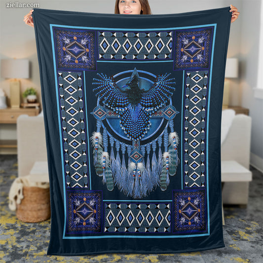Blue Eagle Spirit Quilt Blanket, Fleece Blanket Gift for Nature Lovers, Personalized Name Available