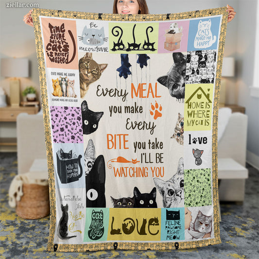 Funny Cat Kitchen Quilt Blanket, Fleece Blanket Gift with Cats and Cooking Quotes, Custome Name