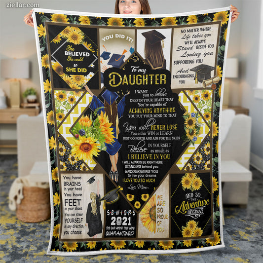 To My Daughter Quilt Blanket, Fleece Blanket Gift with Sunflowers and Quotes, Personalized Name