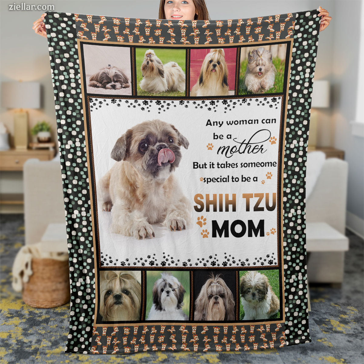 Shih Tzu Dog Mom Quilt Blanket, Fleece Blanket Gift for Dog Lovers with Paws, Custome Name Option