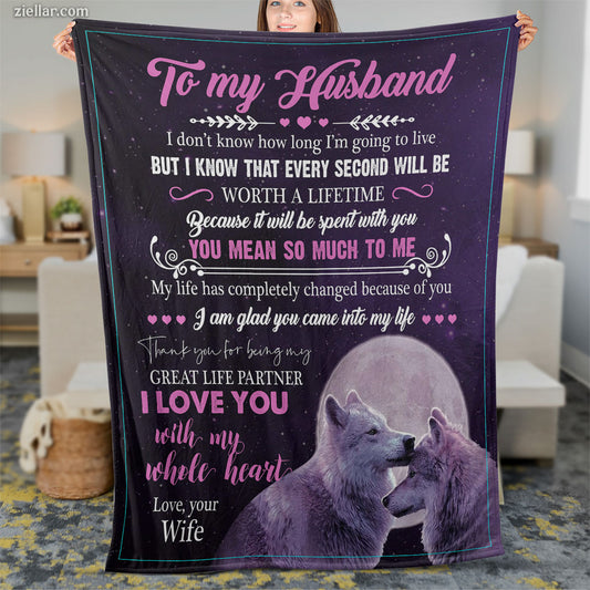 To My Husband Quilt Blanket, Fleece Blanket Gift with Wolves and Purple Theme, Personalized Name