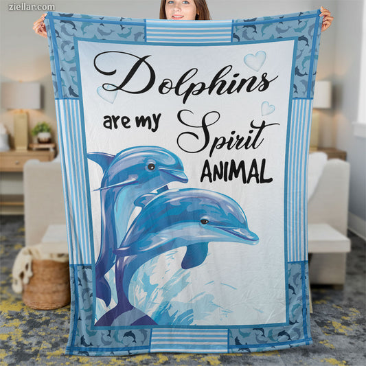 Dolphins Are My Spirit Animal Quilt Blanket, Fleece Blanket Gift with Ocean Theme, Custome Name