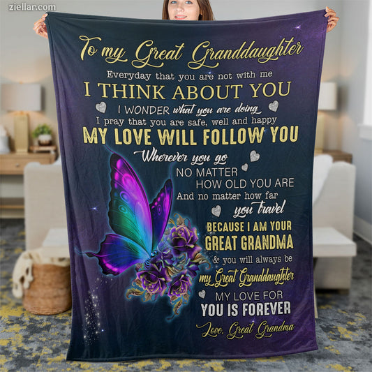To My Great Granddaughter Quilt Blanket, Fleece Blanket Gift with Butterfly Art, Personalized Name