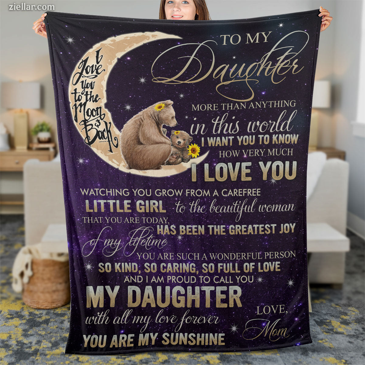 To My Daughter Quilt Blanket, Fleece Blanket Gift with Moon and Love Note, Personalized Name