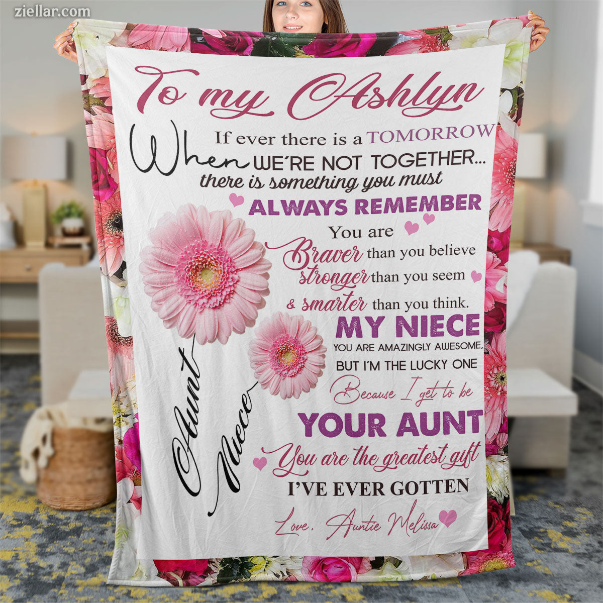 To My Niece from Aunt Quilt Blanket, Fleece Blanket Gift with Floral Background, Personalized Name