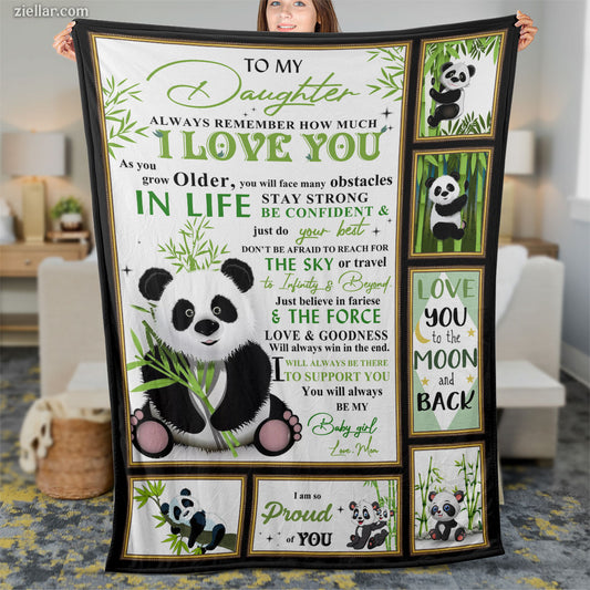 To My Daughter Panda Quilt Blanket, Fleece Blanket Gift with Bamboo Love, Custome Name Option