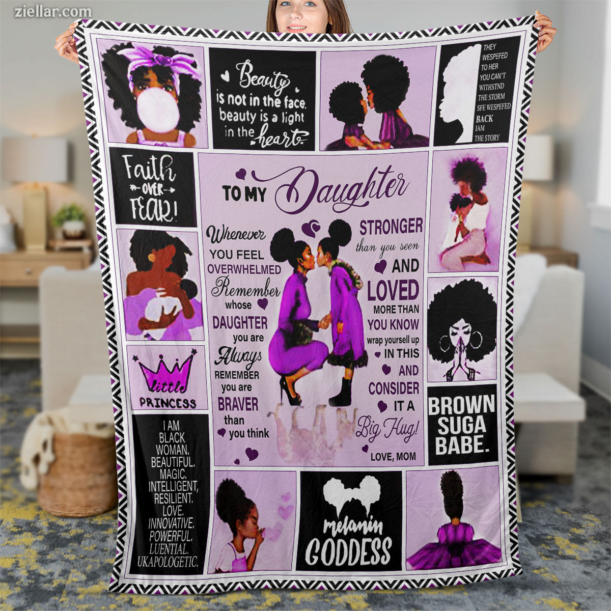 To My Daughter Black Queen Quilt Blanket, Fleece Blanket Gift with Love Quotes, Personalized