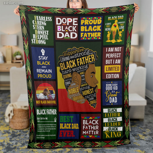 Black Father Strong King Quilt Blanket, Fleece Blanket Gift with Motivational Words, Personalized