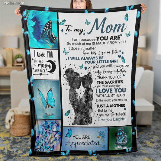 To My Mom Butterfly Quilt Blanket, Fleece Blanket Gift with Blue Floral Art, Custome Name Option