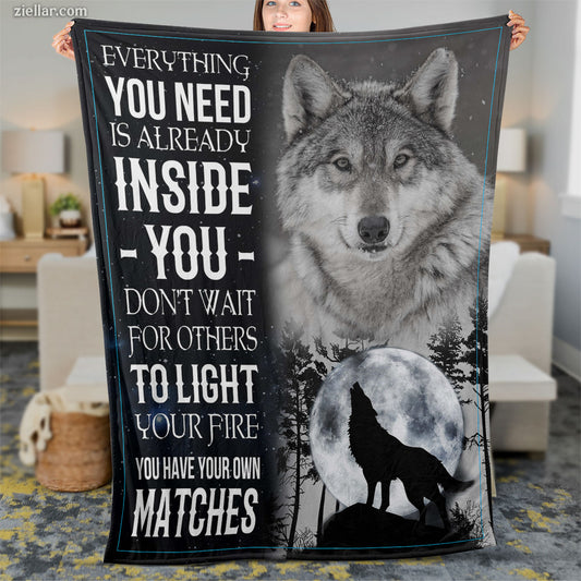 Wolf Under Moon Quilt Blanket, Fleece Blanket Gift with Empowering Quote, Personalized Name