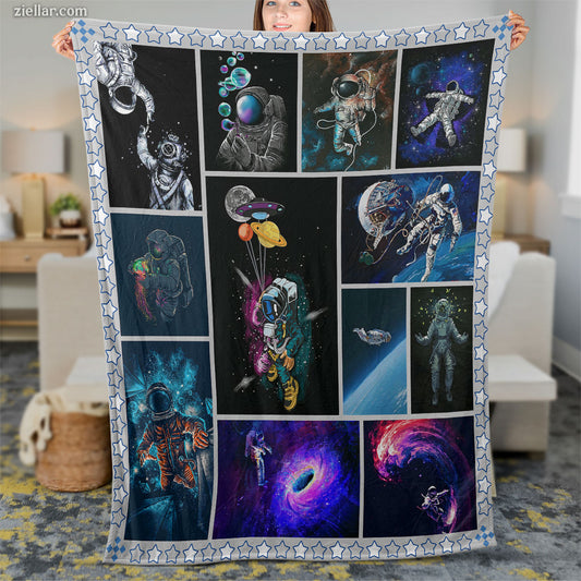 Galaxy Fantasy Space Quilt Blanket, Fleece Blanket Gift with Astronaut and Planets, Custome Name